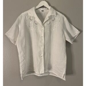 Milano 100% Linen White‎ Embroidered Button Front Blouse Women's L Floral Lace